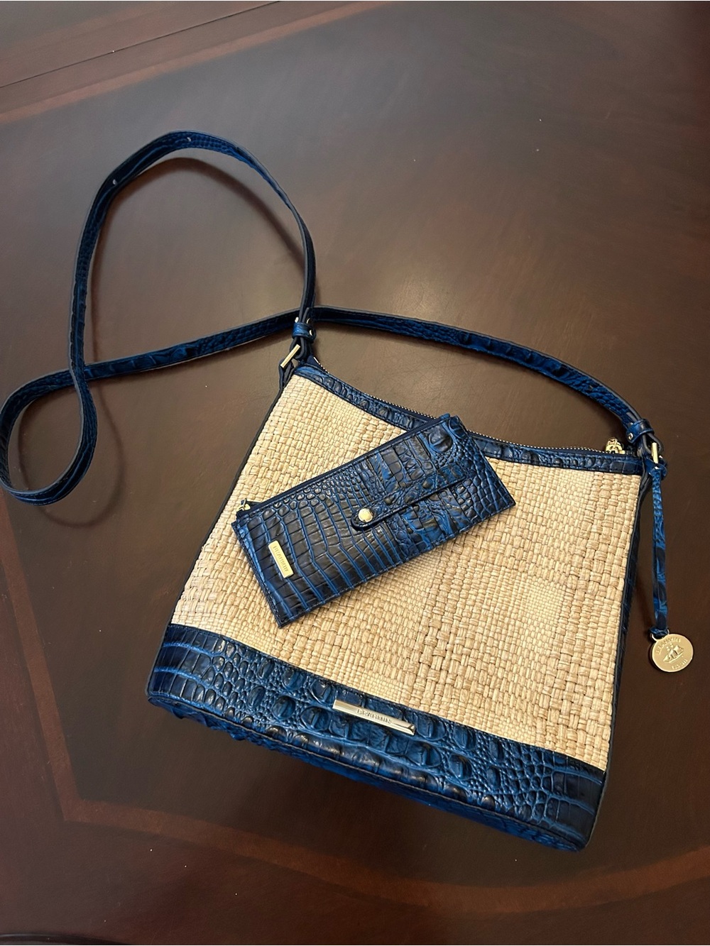 Brahmin Katie Straw Woven Crossbody Bag with Wallet-Navy Croc Trim